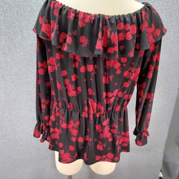 Womens Off-Shoulder Black & Red Floral Peplum Blouse - Picture 6 of 12